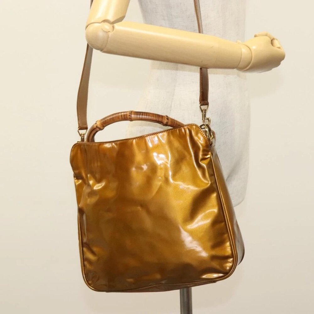 GUCCI Bamboo Hand Bag Patent Leather 2way Gold 001 1705 1638 Auth 138119